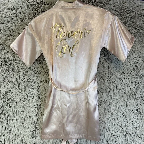 David's Bridal‎ Flower Girl Robe Small Blush Gold Satin Short Sleeve Feminine - Picture 4 of 9